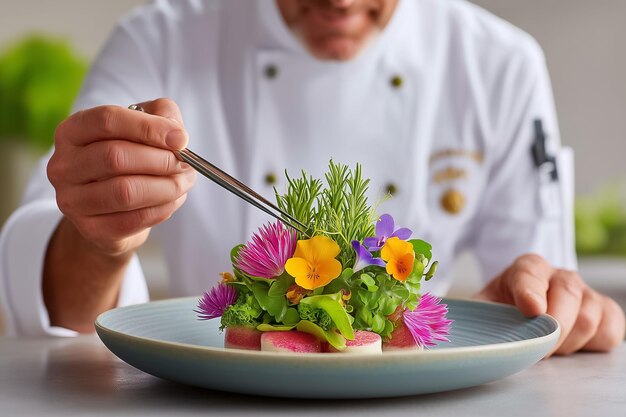 Šéfkuchár pripravuje tanier s farebným jedlom